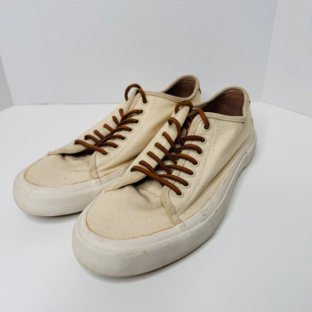 Frye Ludlow Off White Canvas Low Top Sneakers Mens 12 Leather Laces 3481491-OFW